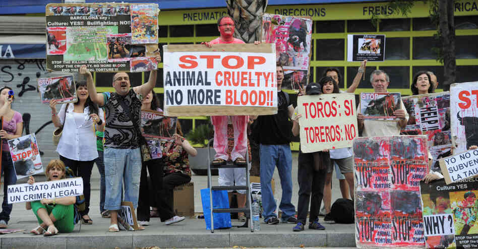Anti-bullfighting activists protest outside a Barcelona bullfighting ring on Sunday, July 18, 2010. Anti-bullfighting activists protest outside a Barcelona bullfighting ring on Sunday, July 18, 2010.